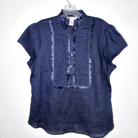 Carole Little Tops - Carole Little Blouse XL Navy Blue Pintuck Ribbon Trim Cottagecore Minimalist